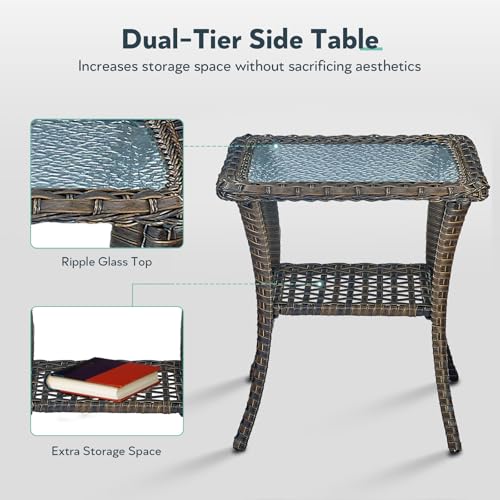 Artfurniz 7 Piece Patio Furniture Set with Fire Pit Table - Wicker Patio Conversation Set with Swivel Glider, 3 Seat Sofa, Side Table and 2 Ottomans for Deck Backyard - Brown Wicker Grey Cushion