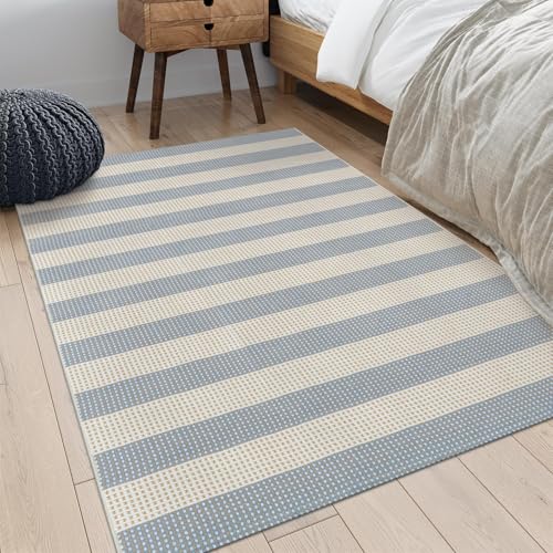OJIA Washable Area Rugs 4'x6', Striped Outdoor Rug Cotton Woven Entryway Rugs Indoor Patio Rugs Carpet Large Area Rugs for Bedroom/Porch/Deck/Backyard/Camping/Living Room (Blue/White/Tan)