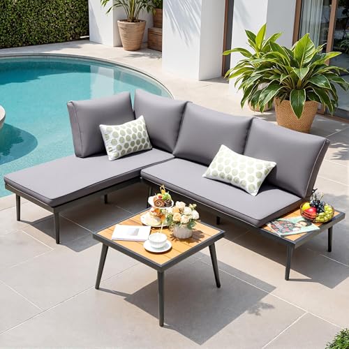 Devoko Patio Furniture Set,6 Pieces Outdoor Sectional Sofa with Cup Holder and 7.87in Wider Armrest, PE Wicker Backyard Couch Set with Coffee Table&Glass Tabletop for Deck, Porch