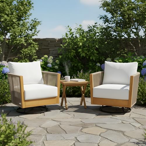 Christopher Knight Home Outdoor Swivel Rocking Chair Set of 2 with Cushion & Cross Base Side Table, Acacia Wood Patio Swivel Rocker Chair Set 360 Degree Porch Chairs for Backyard Balcony, Natural/Teak