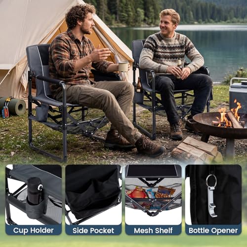 COSTWAY Heavy Duty Outdoor Camping Chair for Adults, Portable Folding Lawn Chair with Cup Holder, Side Pocket, Bottle Opener, Mesh Storage Shelf, Sturdy Metal Frame for Hiking, Fishing (2,Black)