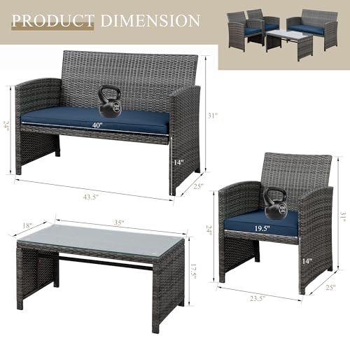 JAMFLY 4 Piece Outdoor Patio Furniture Set, Outdoor Wicker Rattan Chairs Conversation Sets with Cushions & Coffee Table for Outside, Garden, Balcony, Porch, Dark Blue