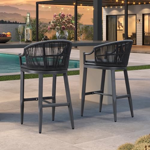 PURPLE LEAF Patio Bar Stools Set of 2 Outdoor Wicker Modern High Bar Chairs Metal Cushioned Barstools with Backs and Ergonomic Armrest for Balcony Garden Indoor Kitchen Island, Gray