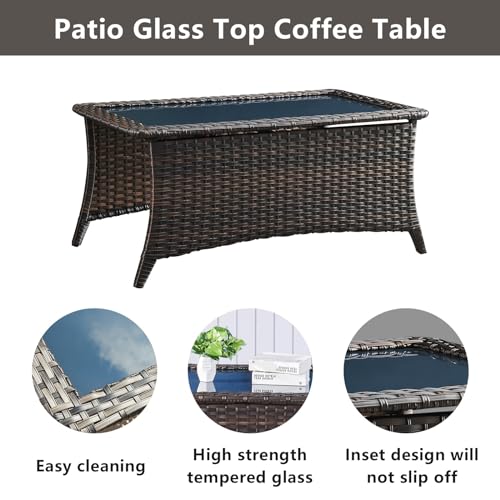 Belord Outdoor Coffee Table with Tempered Glass Top, Patio Rectangular Brown Wicker, Handwoven Rattan Coffee Table Compatible with Patio Furniture Sets for Porch Deck Backyard