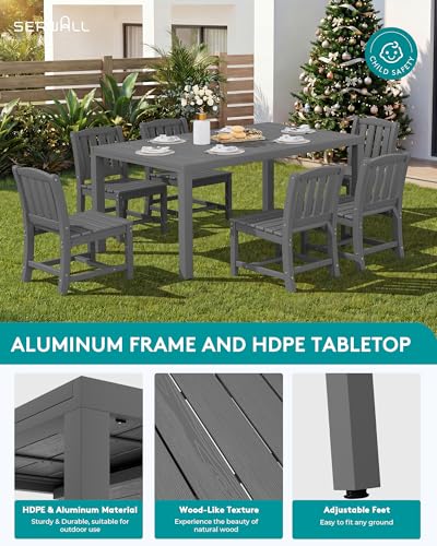 SERWALL 10-Piece Patio Dining Sets with 15FT Patio Umbrella, 60" - 83" Expandable Outdoor Dining Table and 8 HDPE Chairs, All Weather HDPE Outdoor Furniture Set, Grey (Umbreall Base not Included)