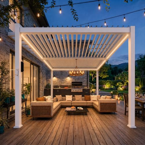 Suvivityse 10x10 Louvered Pergola with Lights, Aluminum Pergola with Adjustable Roof, Metal Outdoor Pergolas for Patios, Garden and Deck, White
