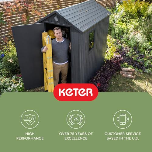Keter Darwin 4x6 Feet Outdoor Storage Shed, Graphite Gray – Lockable Resin Organizer Unit with Single Door, Window, and Skylight for Backyard, Garden, or Lawn Organization