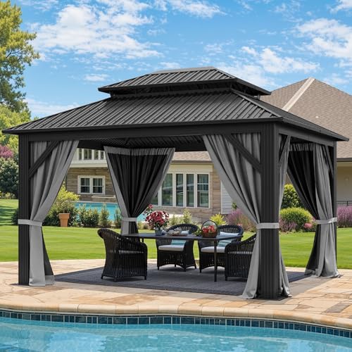 YITAHOME 12x14ft Hardtop Gazebo with Nettings and Curtains, Heavy Duty Double Roof Galvanized Steel Outdoor Combined of Vertical Stripes Roof for Patio, Backyard, Deck, Lawns, Gray