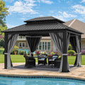 YITAHOME 12x14ft Hardtop Gazebo with Nettings and Curtains, Heavy Duty Double Roof Galvanized Steel Outdoor Combined of Vertical Stripes Roof for Patio, Backyard, Deck, Lawns, Gray