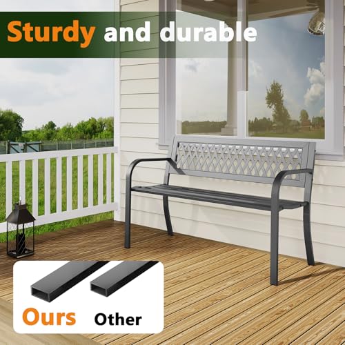 MAKE CHANGES Outdoor Bench, Garden Patio Park Entryway Metal Bench with Comfortable Backrest, Sturdy Heavy Duty Loveseat Front Porch Backyard Lawn Furniture for Outside
