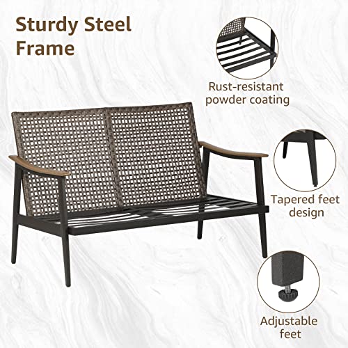 NATURAL EXPRESSIONS Patio Loveseat Sofa Outdoor Furniture Metal Chair with Wicker Backrest & 6 Inches Cushion for Indoor, Front Porch, Deck, Balcony, Backyard, 51.77"(L) x 29.75"(W) x 33.86"(H).