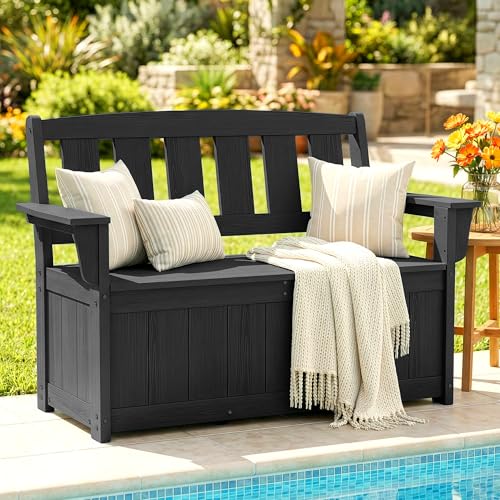SERWALL HDPE Outdoor Storage Bench, All-Weather, UV-Resistant Deck Box with Waterproof Storage Bags, 57 Gallon Dual-Use Seat & Organizer Deck Boxes for Patio, Garden Tools & Pool (Dark Black)