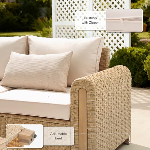 SUNSITT 6-Piece Patio Furniture Set, Outdoor Wicker & Acacia Wood Sectional Sofa Set, Patio Modular Design Conversation Sets with Coffee Table & Thick Comfy Cushion for Porch, Garden, Natural Color