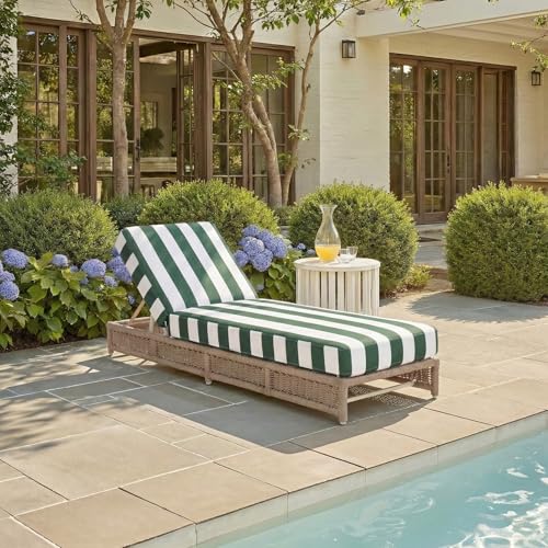 SAFAVIEH Outdoor Patio Furniture Collection - Callan Heather Tan Rope Chaise Lounge Chair, Hunter Green Stripe Cushion, 6 Reclining Positions, Fully Assembled (PAT7547H)