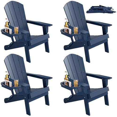 FOOWIN Folding Adirondack Chair Set of 4, HDPE Adirondack Chairs with Cup Holder, Weather Resistant Plastic Fire Pit Chairs for Outdoor, Patio, Lawn, Garden, Backyard, Deck, Dark Blue