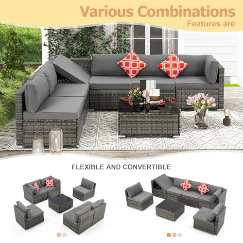 HOMREST 7 Piece Patio Furniture Set with Adjustable Bracket All-Weather Wicker Conversation Set with Coffee Table for Porch Garden Backyard (Gray)