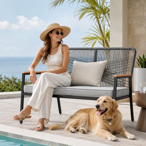 LIFERUN Outdoor Rattan Loveseat Bench, 43" Patio Bench for 2 with 3.15" Cushion,704LBS, Wicker Patio Furniture Seating, Curved Backrest, WPC Armrests, 500 lb Capacity for Porch Balcony Deck, Grey