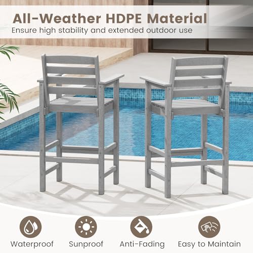 Tangkula Patio Adirondack Chairs Set of 2, HDPE Bar Height Chair with Wide Armrests & Footrest, Outdoor High-Top Slatted Bar Chairs with Backrest for Backyard, Lawn, Poolside (Grey)