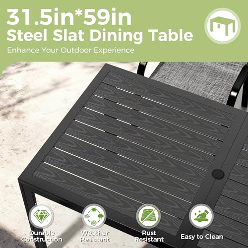 PATIOPIA 7-Piece Outdoor Dining Set, All Weather Patio Table and Chairs Set with Umbrella Hole for 6, Rectangular Steel Slat Table and 6 Textilene Chairs for Garden, Backyard, Poolside and Deck, Grey