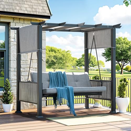 Pamapic 3-Seat Porch Swing with Stand, 990 LBS 2 in 1 Convertible Bed Patio Swings with Canopy Adjustable, Wicker Side Panel Swing Chair Outdoor with Cushion for Backyard, Porch, Garden (Gray)