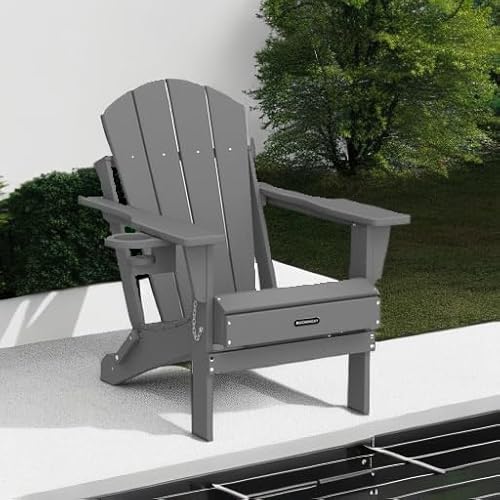 MUCHENGHY Folding Adirondack Chairs, Patio Chairs, Lawn Chairs, Outdoor Chair, Adirondack Chair Plastic, Fire Pit, Weather Resistant with Cup Holder for Deck, Backyard, Garden(Gray)