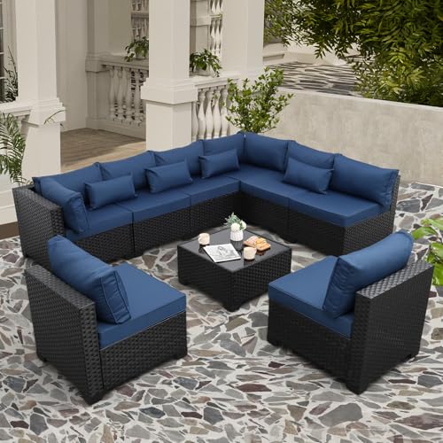 Rattaner 9 Pieces Outdoor Sectional All-Weather Wicker Patio Furniture Set Patio Sectional and Glass Patio Table Non-Slip Cushions and Waterproof Covers, Navy Blue