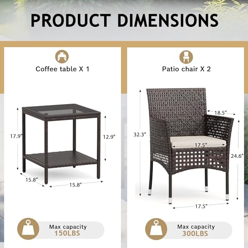 Devoko Patio Furniture Set 3 Pieces Outdoor Wicker Chairs Set of 2 with Coffee Table for Outside Porch Balcony (Brown)