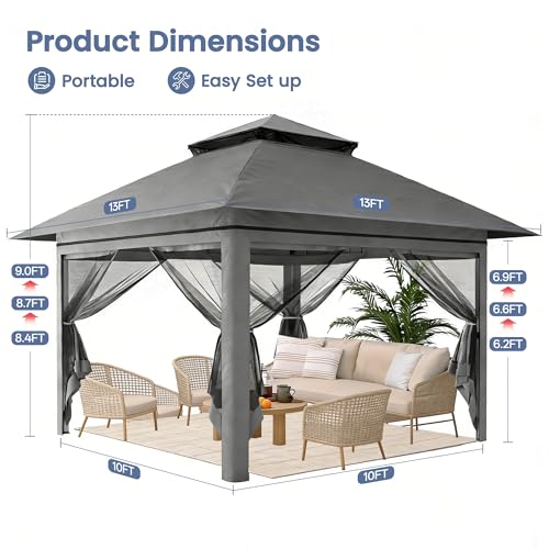 Driftalia 13x13 Pop Up Gazebo, Instant Outdoor Gazebo with Mosquito Netting, Vented Roof and Carry Bag for Patio, Garden & Backyard - Dark Gray