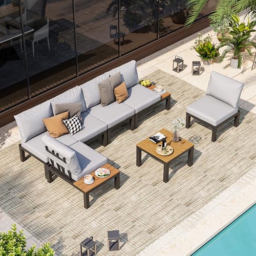 Oasbira Aluminum Modular Outdoor Patio Furniture Set, 6 Seats Patio Sectional Sofa Set with Adjustable Backrest & Thick Cushions, All-Weather Conversation Sets with Table for Garden & Yard, Gray