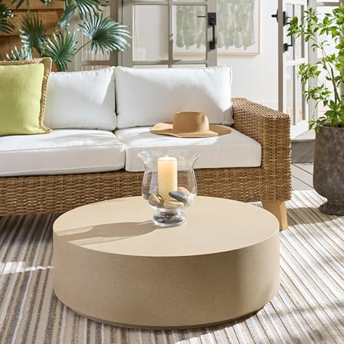SAFAVIEH Outdoor - Tina Round Coffee Table - Beige - Fully Assembled - Weather Resistant - Ideal for Deck, Patio, Backyard, 35.4" W x 35.4" D x 10.6" H (PAT6210B)