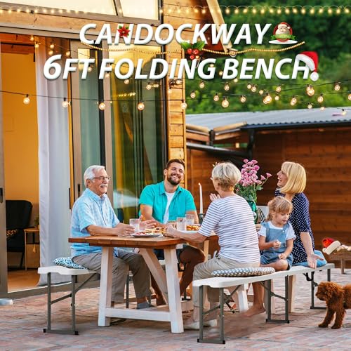 Candockway 6ft Plastic Folding Bench with Carrying Handle & Lock, Portable Outdoor Bench in Garden Picnic Camping Dining Party Seat, Waterproof Bench for Soccer Activities, Firm and Durable (2Pack C)