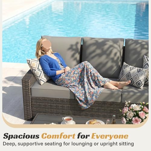 Outdoor Patio Furniture Set 6 Piece Wicker Rattan Sectional Sofa Conversation Sets with Adjustable Recliner Chairs and Storage Coffee Table for Backyard Porch Balcony Garden Deck(White)