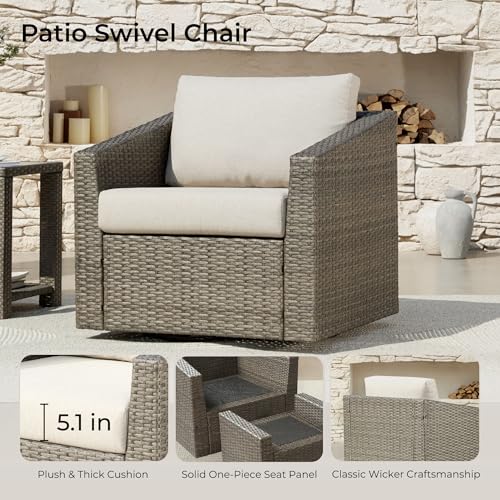 CHITA 5 Pieces Swivel Wicker Patio Furniture Set, Outdoor Conversation Set with 2 Pieces Rattan Swivel Chairs, 2 Pieces Ottomans, Thickened Cushions and Side Table, Beige Cushions with Grey Wicker