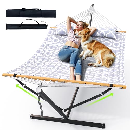 ANAGOO Double Hammock with Stand, Heavy Duty Outdoor Hammock for Two, 500 LBS Capacity, Stable Steel Frame with Balance Strap, Easy Tool-Free Assembly for Patio, Garden, Backyard & Beach,White Grey
