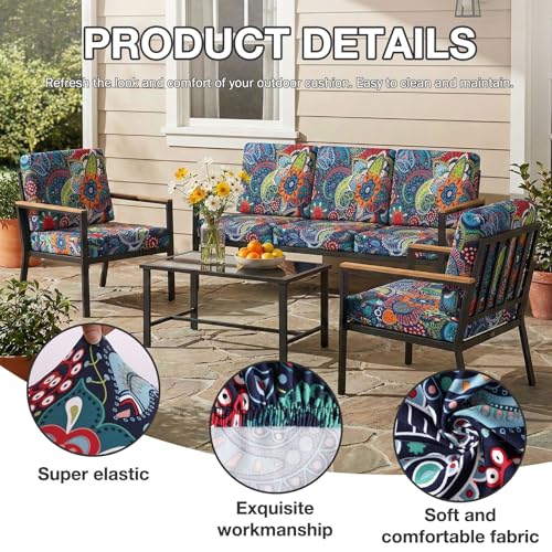 hyha 8Pcs Patio Cushion Covers, Stretch Outdoor Couch Cushion Covers Replacement, Washable Outdoor Chair/Sofa Slipcovers for Patio Furniture Cushions Protector with Elastic Bottom(Paisley,Cover Only)