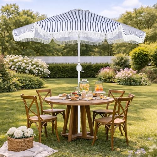 Best Choice Products 9ft Fringe Market Patio Umbrella – Outdoor Boho Tassel Sunshade for Table, Pool, Deck, Backyard – UPF50+, Easy Tilt, Heavy Duty Steel Pole & Ribs - Navy Pinstripe