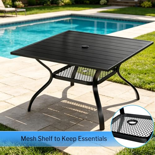 bigget Outdoor Dining Set with Swivel Chairs Set for 4, 5 Piece Modern Outdoor Patio Table and Chairs 450LBS Highback, Powder-Coated Black Wrought Iron Square Table Set for Outside, Grey