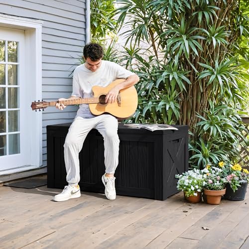 Greesum 120 Gallon Deck Box, Resin Outdoor Storage Container for Patio Furniture, Garden Tools, Pool Accessories, Weatherproof, Lockable, Black