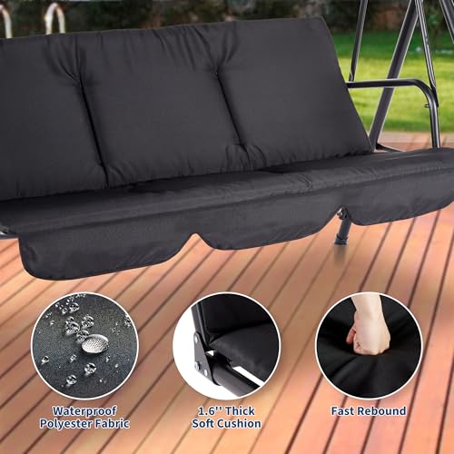 3-Seat Outdoor Patio Porch Swing with Stand, Adjustable Canopy & Thick Waterproof Cushions, Steel Frame Swing Outdoor Chair for Backyard, Front Porch, Lawn, Garden