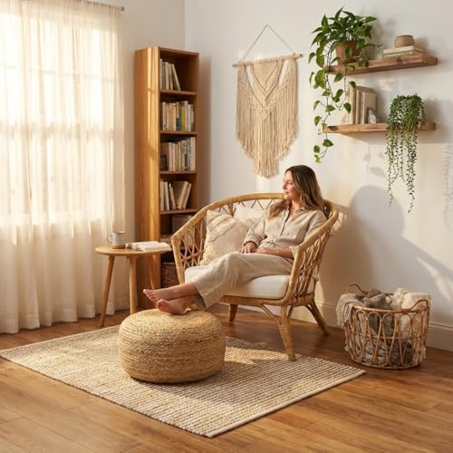 · REDEARTH · Jute Circular Low Pouf Ottoman - Braided Pouffe Accent Sitting Round Footrest for Living Room, Bedroom, Nursery, kidsroom, Patio, Gym; 100% Jute (18"X18"X10"; Natural)