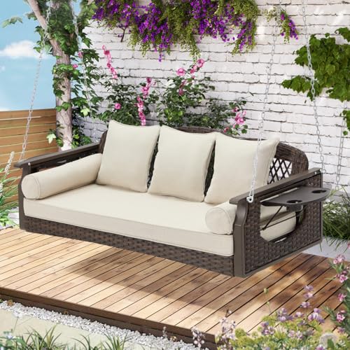 3 Seat Porch Swing, Wicker Patio Swing with Cup Holders & 3 Back Cushions, Yard Swing with Chains for Deck Garden Backyard,Brown Rattan, Beige Cushion, 56-inch