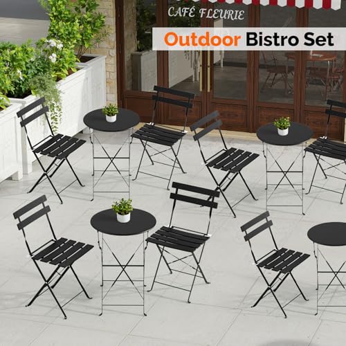 VINGLI Outdoor Folding Bistro Table and Chairs Set of 2, 3-Piece Bistro Set with Premium Steel Frame for Patio, Balcony, Garden, Porch, Yard, Black