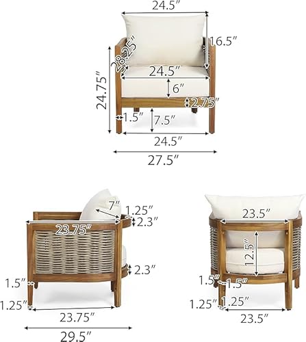 Christopher Knight Home Burchett Outdoor Acacia Wood Club Chair with Cushions, Lounge Chair for Patio Backyard, Stylish Garden Seating, Open Slat Design, PE Rattan Weaving, Brown+Beige