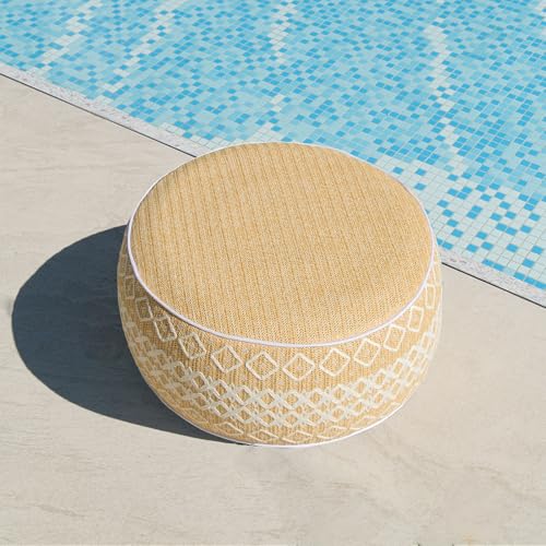 GLADTRAX Outdoor Inflatable Ottoman with Air Pump, Embroidery Patio Footrest Stool D21”x H9”, Round Pouf Ottoman with Portable Handle Suitable for Garden, Camping, Bedroom, Living Room