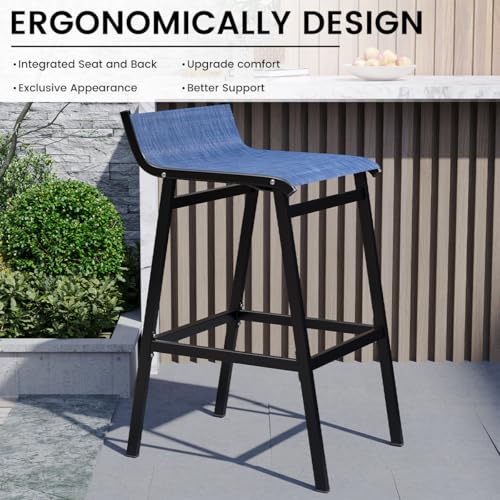 Sundale Outdoor Patio Metal Bar Stools Set of 2, Low Back Modern Counter Height Tall Chair Armless, High Top Outside Barstools, All-Weather Patio Stools for Porch Yard Deck Balcony, Modern Blue