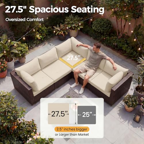 NICESOUL 8 Seat 29.3'' High Back Outdoor Furniture Set, Extra Large Rattan Patio Conversation Sets, Deep Seating Modular Sectional with Ottoman, Oversized Conversations for Backyard, Brown and Beige