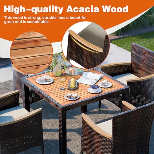 Shintenchi 5 PCS Patio Dining Set, Wicker Outdoor Table and Chairs with Soft Cushions, Patio Furniture Set with Wood Table Top for Backyard, Deck and Garden, Brown Wicker