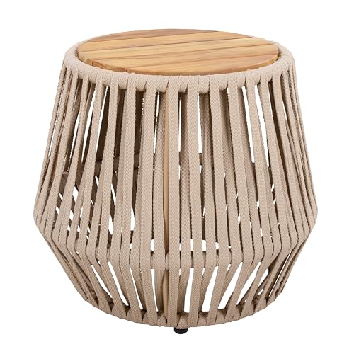 Christopher Knight Home Outdoor Side Table with Rope and Acacia Wood - Teak Finish, 100 LBS Capacity, Weather-Resistant Rope Design for Patio, Deck, Balcony - 21.26" W x 18.11" H, Beige