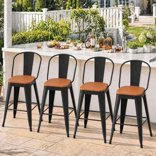POINTANT Outdoor Metal Bar Stools Set of 4,30 inch Barstools Counter Height Bar Stool with High Back Farmhouse Kitchen Dining Chairs Bar Funiture for Outside