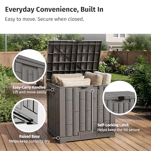 EAST OAK Outdoor Storage Box, 31 Gallon Deck Box Indoor and Outdoor Use, Waterproof Resin Storage Bin for Package Delivery, Patio Cushions, Gardening Tools, Lockable, UV Resistant, Grey